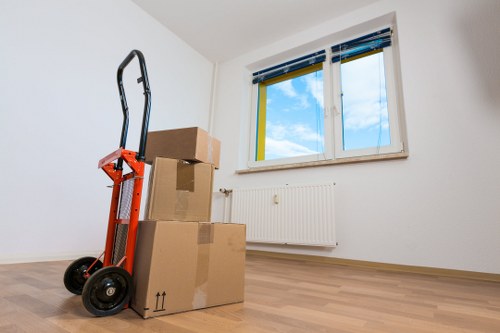 Packed office boxes and relocation support for a business move